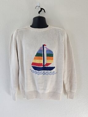 Vintage Van Heusen Sailing Boat Cotton Knit  Sweater Mens Large Nautical  Pteppy